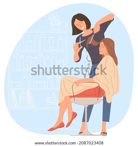 Hair salon, small business illustrations. Woman in beauty salon flat vector illustration. Professional hairdresser and barber, makeup style