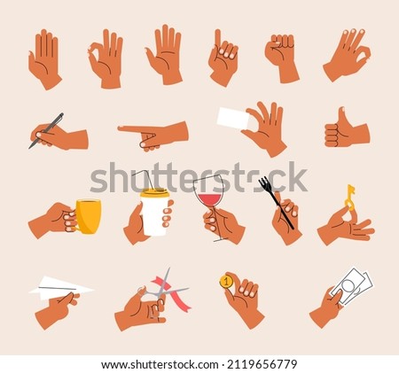Hand gestures icon set. Cartoon human palms positions. Gestural communication icons.