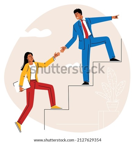 People run to their goals giving support and help each other. Flat vector concept of business team working together for success and growing.