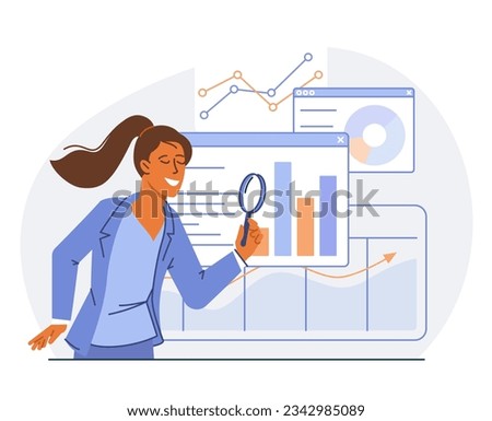 Concept of searching online data, search for opportunities, business ideas and people. Choosing direction and looking at the prospects, advanced data search. Flat vector illustration.