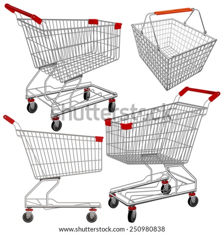 Vector supermarket carts and baskets. Easy to edit and put something in.