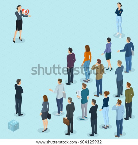 Isometric vector front and back view people with loudspeaker. Megaphone alert promotion. Various characters, professions and poses. Flat design template.