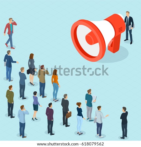 Flat design 3d isometric businessman promoter with loudspeaker talking to crowd.  Megaphone alert promotion and propaganda  vector template.