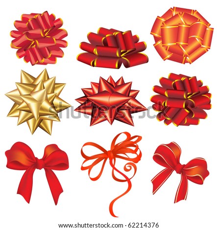 Holiday red and golden bows. Vector.