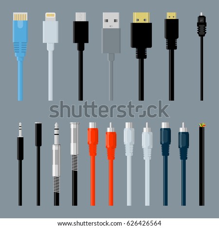 Flat design data, video and audio, usb, hdmi, network data cable connectors  vector design element set