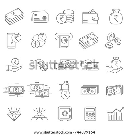 Indian rupee financial, banking, payment and savings vector thin line money icon set.