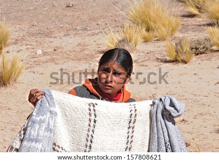SAN ANTONIO DE LOS COBRES, ARGENTINA - APRIL 27: Woman-indian sells clothes during the train stop in Andes on April 27, 2013, Argentina. Altitude approx. is 4000 m above sea level.