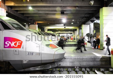 PARIS, FRANCE - JUNE 16: TGV trains stand on Montparnasse railway station on June 16, 2010 in Paris, France.