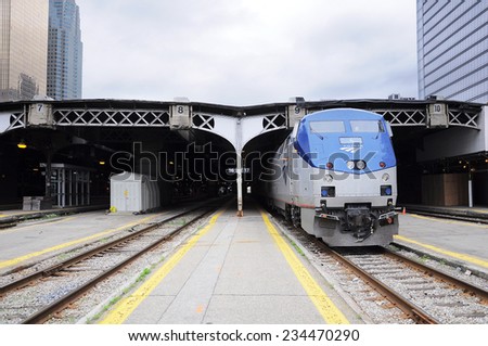 TORONTO - JUNE 29: Passenger train Toronto - New York stands at Toronto Union station on June 29, 2011 in Toronto, Canada.