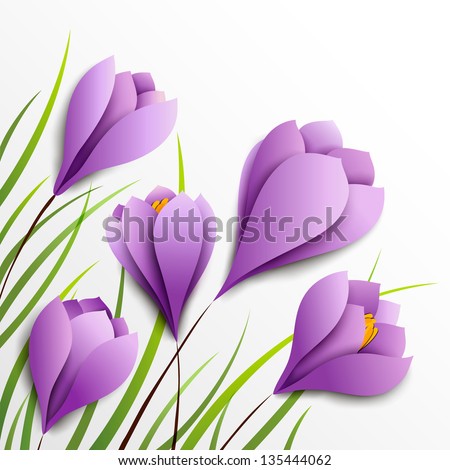 Crocuses. Five paper purple flowers on white background