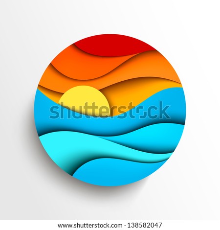 Sunset in the sea. Stylized vector icon illustration