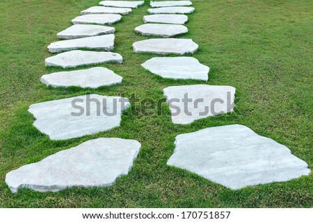 The Stone walk path in the park with green grass background