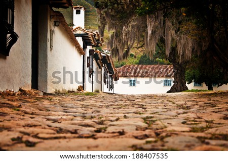 A street level view of the colonial town Villa de Leyva in Colombia.
