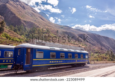 OLLANTAYTAMBO, PERU - OCTOBER 3: Railcar of Peru Rail to go between Ollantaytambo, Peru and Machu Picchu on October 3, 2014