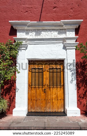 Red and white colonial architecture in the historic center of Arequipa, Peru