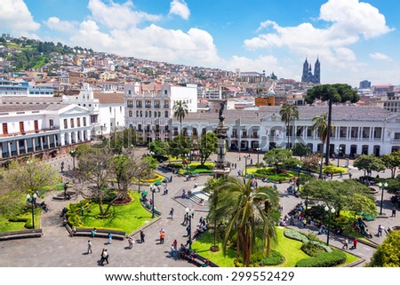 QUITO, ECUADOR - MARCH 6: Activity in the Plaza Grande in the colonial center of Quito, Ecuador on March 6, 2015