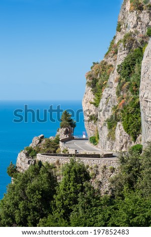 Highway on the edge of the Amalfi coast in southern Italy.