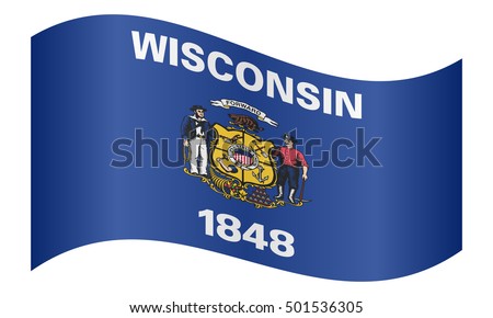 Flag of the US state of Wisconsin waving on white background, vector illustration. Wisconsinite official flag, symbol. American patriotic element. USA banner. United States of America background.