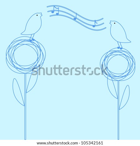 Baby boy shower card with two birds sitting on stylized flowers and singing cheerful song