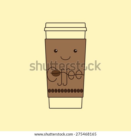 Contour illustration of funny take away coffee cup, cardboard holder with eyes and smile, decorated with lettering coffee and coffee beans isolated on yellow background. Logo template, design element