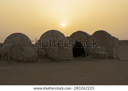 SAHARA, TUNISIA - MAY 27: Abandoned sets for the shooting of the movie Star Wars in the Sahara desert on a background of sand dunes on May 27, 2015 in Sahara, Tunisia