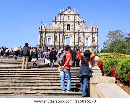 MACAU-OCT 7 : Tourists visit the Historic Center of Macao on Oct 7, 2010 in Macau, China. The Historic Centre of Macao was inscribed on the UNESCO World Heritage List in 2005.
