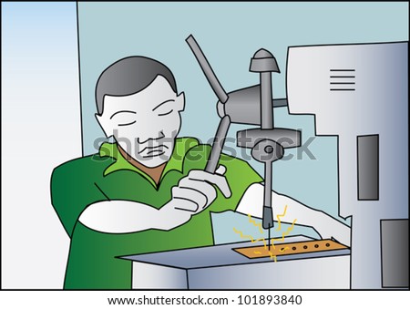 Worker Drilling With A Drill Press In A Factory Stock Vector ...