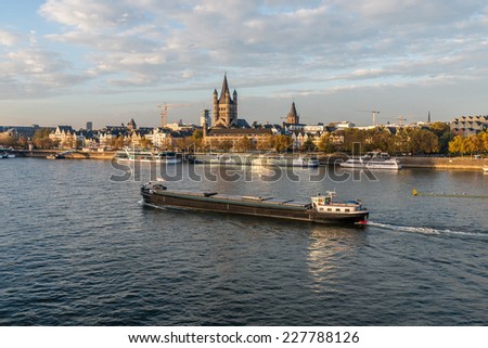 COLOGNE, GERMANY NOVEMBER 1ST 2014 - The Rhine, the longest river in Europe, plays a major role in freight transport for the 21st century connecting many cities and border regions along its route