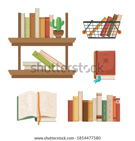 Bookshop's illustration. Set of books, bookshelf, old books with bookmark and shopping basket