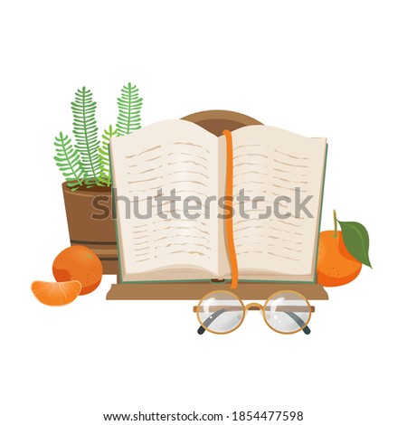 Educational illustration. Open book with bookmark, bookend, flower in pot, tangerine and glasses