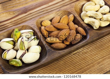 Assorted nuts almonds, cashews and pistachio in wooden bowl.
