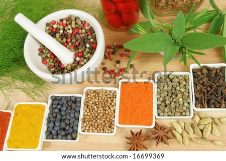 Variety of herbs and spices - whole diversity of various natural food additives