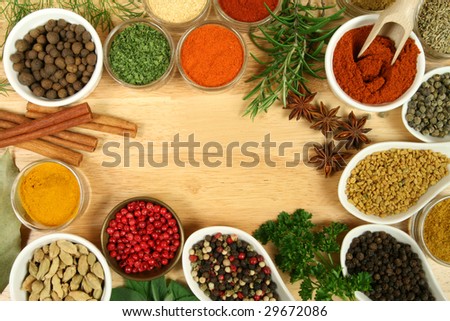 Various spices selection. Food ingredients and aromatic additives. Natural dried cuisine elements.