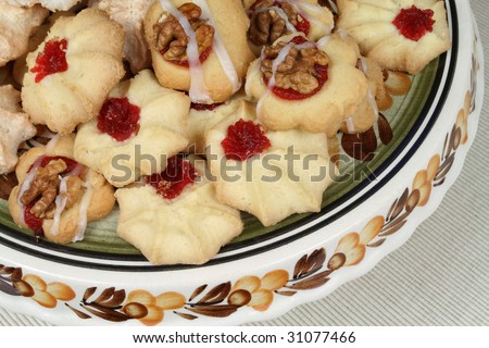 Delicious cookies with jam and nuts. Home made bakery.