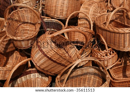 Wicker baskets choice. Beautiful handicraft at a market in Poland.