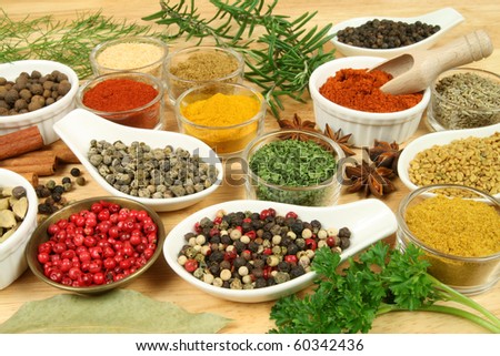 Various spices selection. Food ingredients and aromatic additives ...