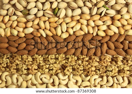 Varieties of nuts: peanuts, walnuts, cashews, pistachio and almonds. Food and cuisine.
