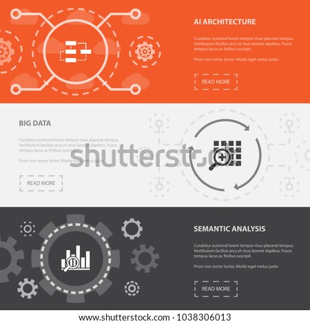 Artificial Intelligence 3 horizontal webpage banners template with AI Architecture, Big data, Semantic Analysis concept. Flat modern isolated icons illustration.