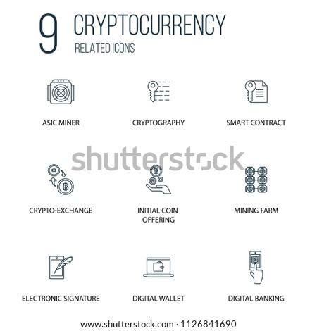 Set of 9 Cryptocurrency Related line Icons. Contains such Icons as bitcoin, Cryptocurrency, alt coin and more. concept symbol creative design. Can be used for web UI/UX