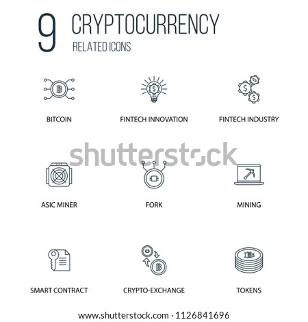 Set of 9 Cryptocurrency Related line Icons. Contains such Icons as bitcoin, Cryptocurrency, alt coin and more. concept symbol creative design. Can be used for web UI/UX