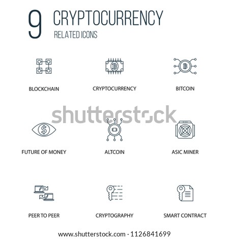 Set of 9 Cryptocurrency Related line Icons. Contains such Icons as bitcoin, Cryptocurrency, alt coin and more. concept symbol creative design. Can be used for web UI/UX