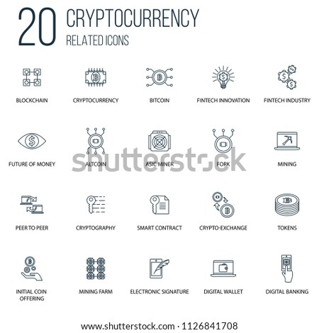 Set of 100 Cryptocurrency Related line Icons. Contains such Icons as bitcoin, Cryptocurrency, alt coin and more. concept symbol creative design. Can be used for web UI/UX