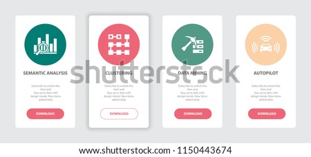 Artificial Intelligence 4 webpage banners concept template with Semantic Analysis, Clustering, Data mining, Autopilot icons. Trendy web UI design concept