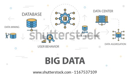 Big data trendy banner concept template with simple line icons. Contains such icons as Data mining, Database, User behavior, Data Aggregation and more