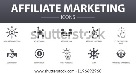 affiliate marketing simple concept icons set. Contains such icons as Affiliate Link, Commission, Conversion, Cost per Click and more, can be used for web, logo, UI/UX