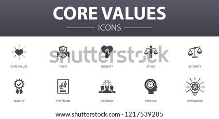 Core values simple concept icons set. Contains such icons as trust, honesty, ethics, integrity and more, can be used for web, logo, UI/UX