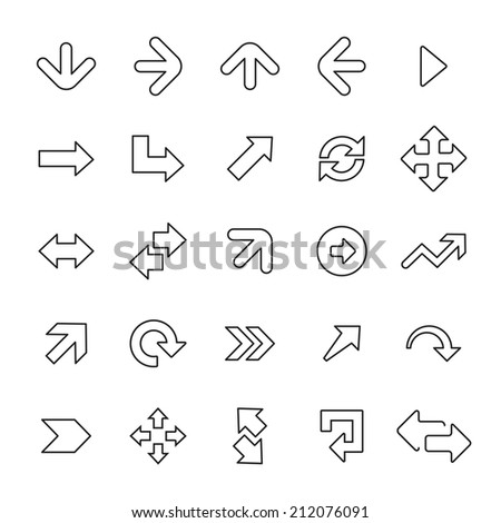 25 outline, universal Arrows icons, thin, black on white background 