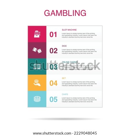 slot machine, dice, online casino, bet, chips icons Infographic design template. Creative concept with 5 steps