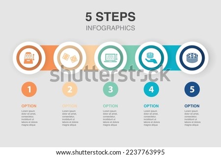 slot machine, dice, online casino, bet, chips, icons Infographic design template. Creative concept with 5 steps