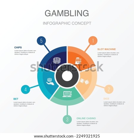 slot machine, dice, online casino, bet, chips, icons Infographic design layout template. Creative presentation concept with 5 steps